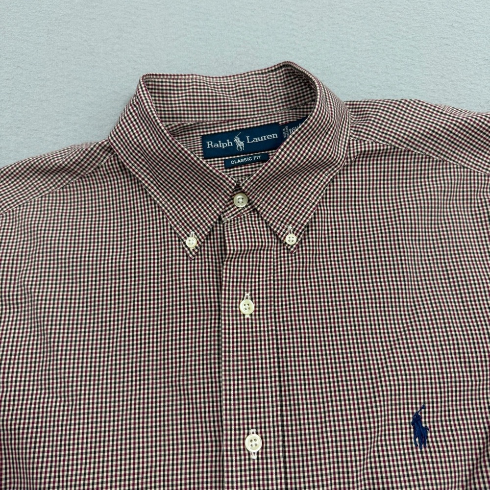 Polo Ralph Lauren Button Shirt 16.5 Large Burgundy Gingham Classic Fit Vubtage